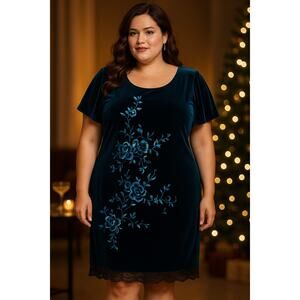 White House Black Market Teal Velvet Floral Embroidered Dress L Lace Hem
